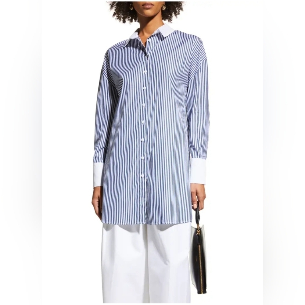 Nwt! Harshman,Justine Striped Button-Down Tunic, Navy Stripes,Size Xs -Msrp $205
